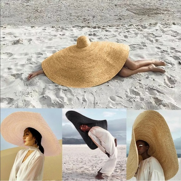 Huge hat wide brimmed straw beige resort beach - Picture 3 of 13